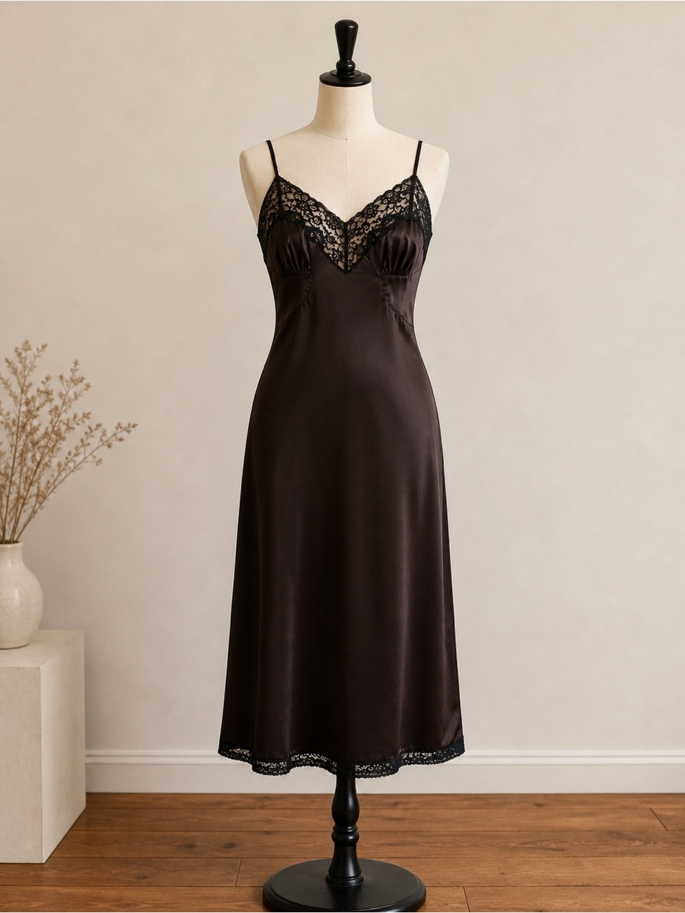 Vintage Chocolate Brown Black Lace Trim Lingerie Slip Dress Midi Length Size S/M